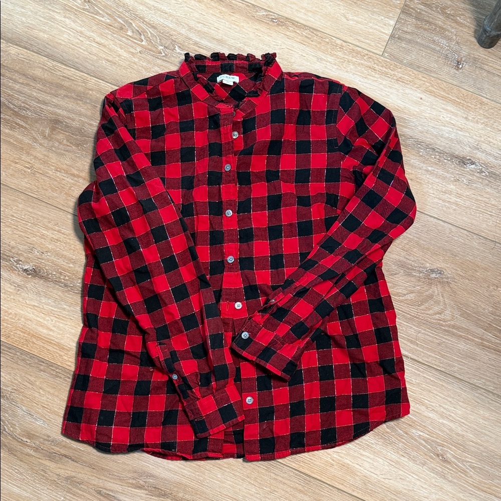 J.CREW | RUFFLE BUTTON-UP TOP | RED & BLACK PLAID